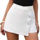 ELLEVEN Denim Mini Skorts Button Front High Waisted Stretch Asymmetrical Jean Skirt with Shorts (White, XS)