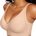 Vertvie Deep V Bras for Women No Underwire Push Up Wireless Bra Comfort Seamless Supportive Bra Racerback Soft Sleep Bralette (Large, Nude)