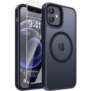 DEERLAMN Magnetic Matte Case for iPhone 12/12 Pro with Screen Protector, [Compatible with MagSafe][Military Grade Drop Protection] Slim Translucent Shockproof Protective Phone Cover, Black