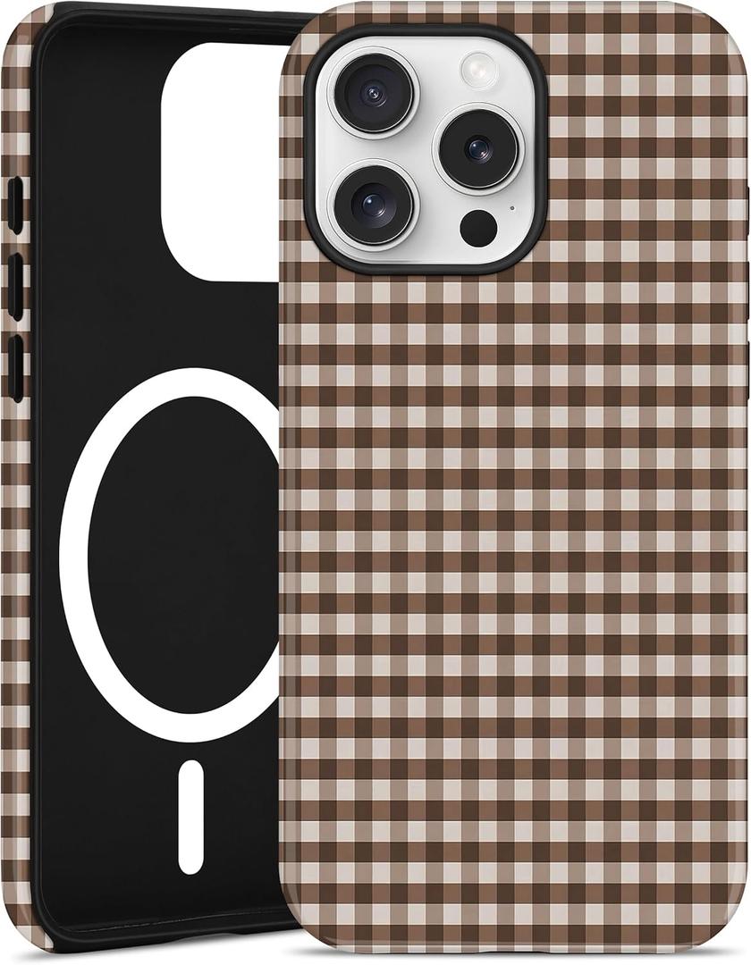 Compatible with MagSafe Plaid Phone Case for iPhone 11 Pro Max, Cute Magnetic Aesthetic Gingham Soft TPU and Hard PC Shockproof Protective Phone Cover for Women Girls-Brown