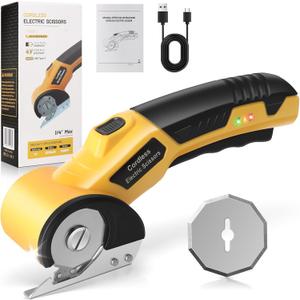 Cordless Electric Scissors, Cardboard Cutter, Electric Box Cutter with Safety Lock & LED Light, 4V Rechargeable Rotary Cutter for Cutting of Fabric, Leather, Carpet, Plastic, 2 Blades