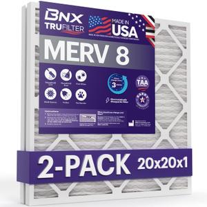 BNX 20x20x1 MERV 8 Air Filter 2 Pack - MADE IN USA - Electrostatic Pleated Air Conditioner HVAC AC Furnace Filters - Removes Dust, Mold, Pollen, Lint