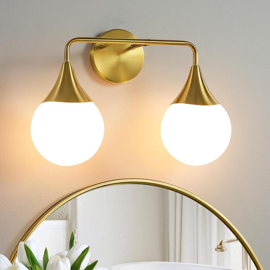 Bathroom Vanity Light Fixtures: 2-Light Mid Century Farmhouse Bathroom Lighting Fixtures Over Mirror - Brushed Gold Wall Sconce with Frosted Globe Glass for Hallway Restroom