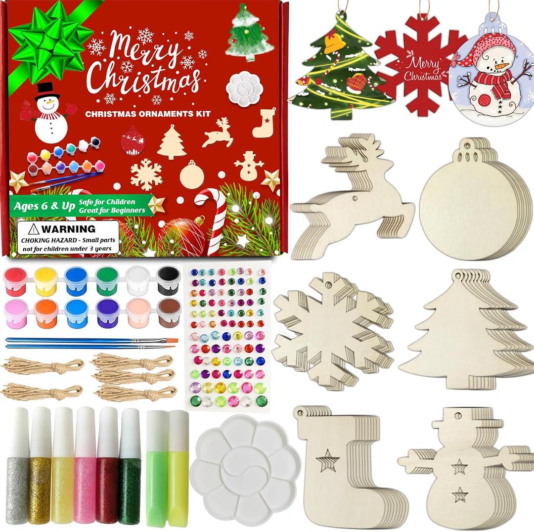Wooden Christmas Ornaments for Crafts, Paint Your Own Xmas Ornaments, 60pcs Unfinished Blank Wood Slice Painting Kit, DIY Personalized Ornament Crafts for Christmas Tree Hanging Decorations