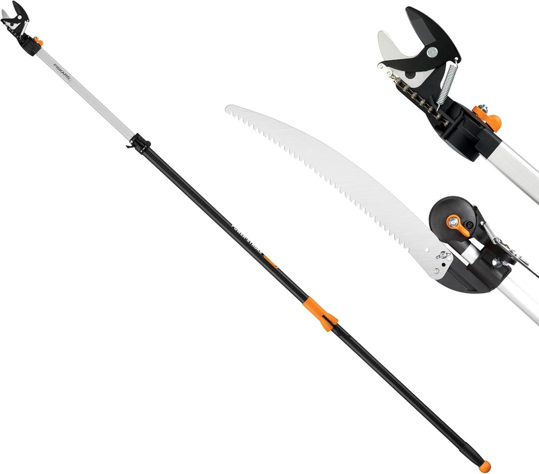Fiskars 2-in-1 Extendable Tree Pruner and Pole Saw (Extends 7.9 - 12 feet) with Rotating Head, Pruning Stik Model with 15-Inch Double-Grind Saw Blade, and Double Locking System