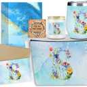 Personalized Gifts Monogrammed Birthday Gifts for Women, New Mom, Grandma Valentine's Day Thank You Christmas, Initial Wine Tumbler Makeup Bag Scented Candle Bracelet Set, (Aesthetic Blue Flower S)