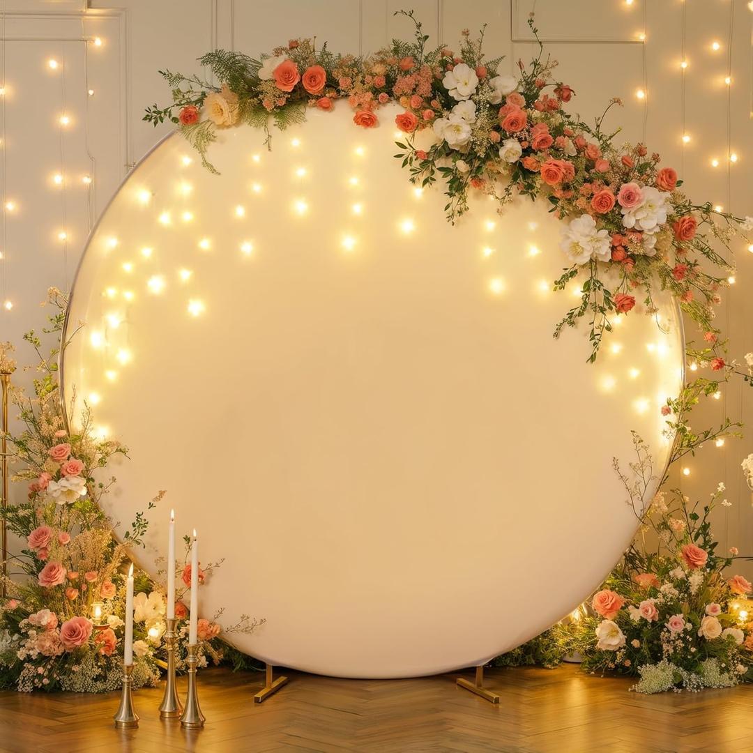 7.2 FT White Round Backdrop Cover with Lights String for Circle Arch Stand Circle Backdrop Cover with LED Fairy Lights for Wedding Arch Baby Shower Birthday Party Photo Shoot Photography Background