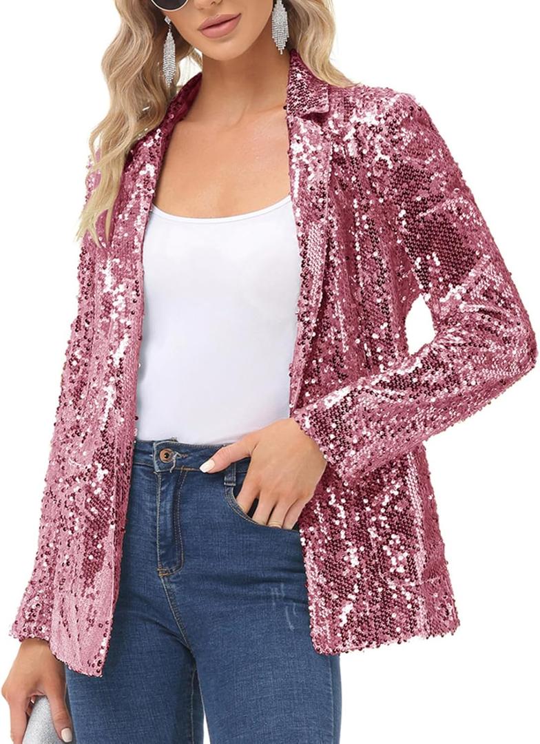 KANCY KOLE Women's Sequin Jackets Open Front Blazer Jacket Casual Long Sleeve Sparkly Cardigan Coat with Pocket S-XXL (Pink)