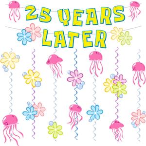 25 Years Later Birthday Banner Carton Banner Jelly Fish Hanging Swirls Garlands Sea Animals Hanging Banner for Birthday Party Decorations Supplies Party Favors