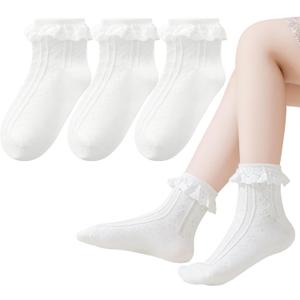 Baby Girl Socks Infant Toddler Ruffle Eyelet Lace Socks Girls Ruffle Sock Seamless Princess Frilly Sock for Kids (White)