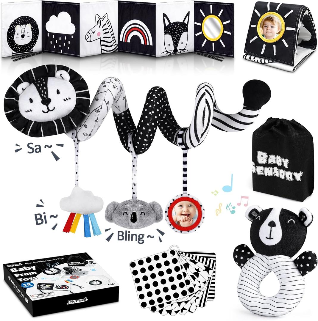 Joyreal High Contrast Baby Toys for Newborn, Black and White Baby Sensory Toys with Car Seat Toys,Infant Toys with Black White Cards Book, Montessori Toys for Baby Gifts