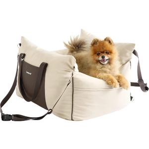 Lesure Small Dog Car Seat for Small Dogs - Waterproof Dog Booster Car Seat with Storage Pockets, Clip-On Safety Leash and Thickened Memory Foam Filling, Pet Carseat Puppy Travel Carrier Bed, Beige