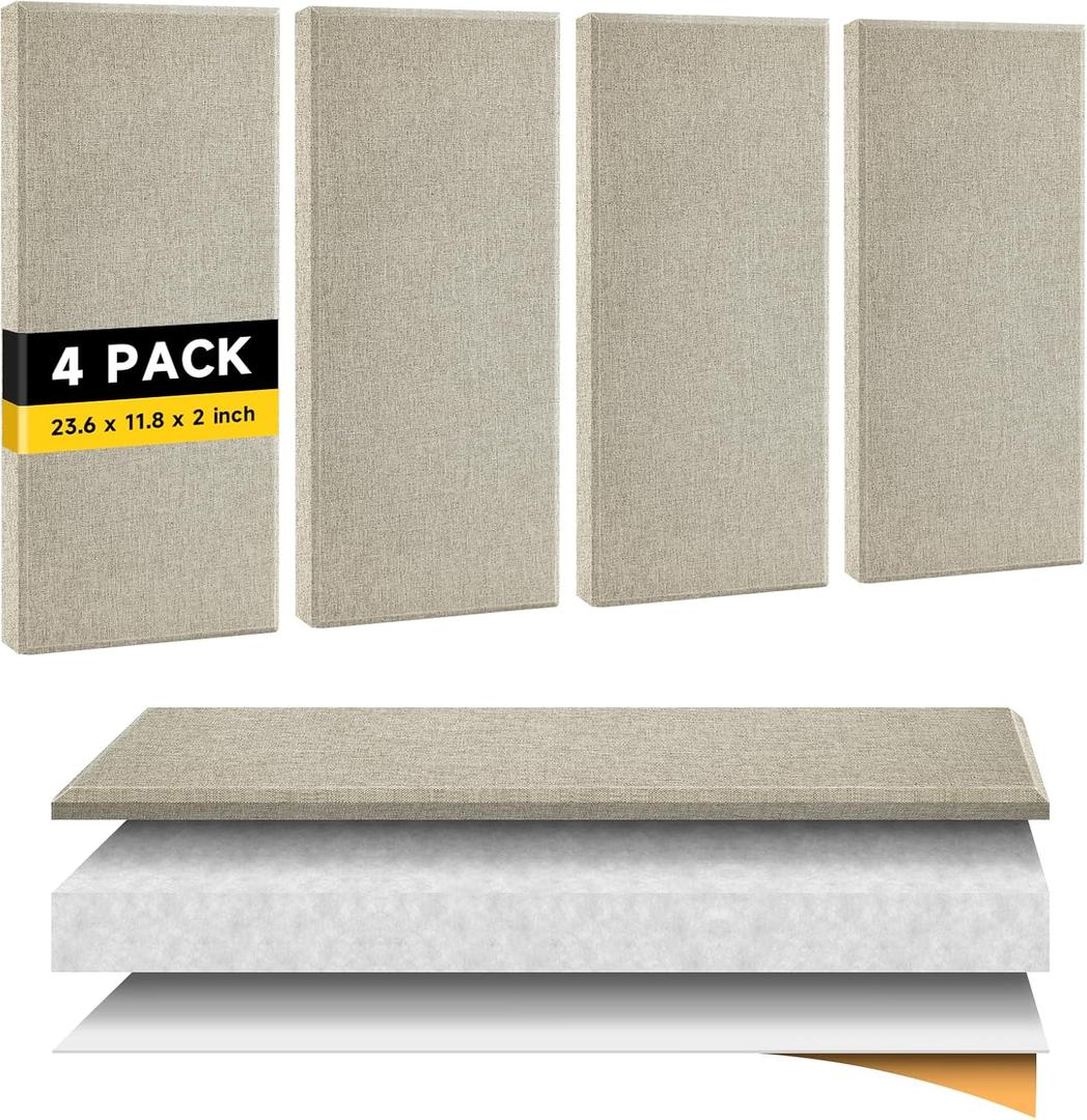 4 PCS 2" Thick Acoustic Panels, 23.6" x 11.8", Fiberglass Sound Absorbing Panels, Fabric Wrapped Soundproof Wall Panels, Noise Dampening for Studio, Home Office, Home Theater (Linen)