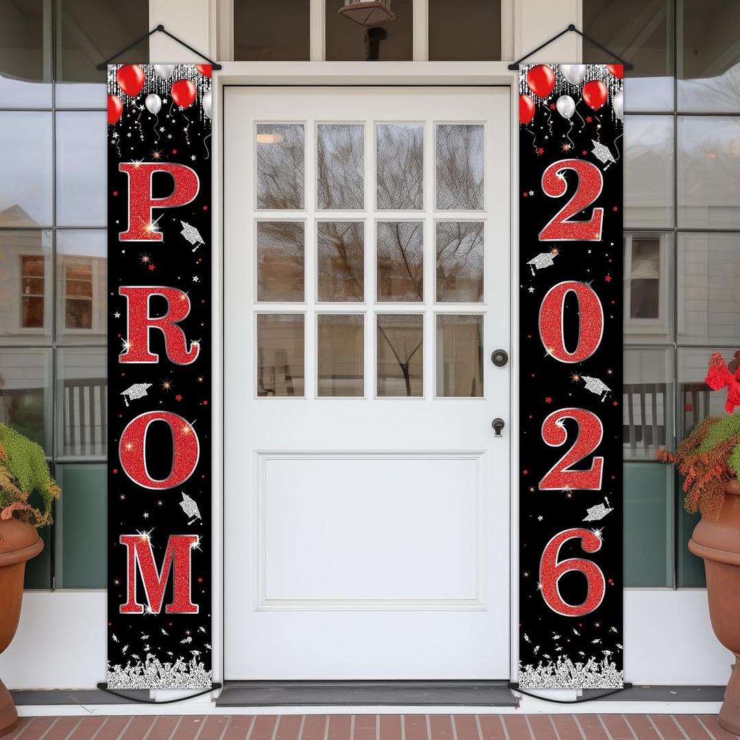 Prom Night 2026 Grad Theme Porch Sign Banner Graduation Party Decoration Class of 2026 Door Decoration Prom Send Off Hanging Banner Congrats Grad Photo Booth Prop for High School Red and Black