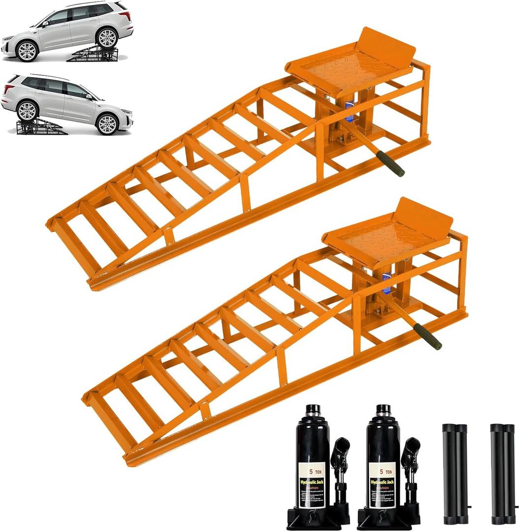 2PCS Hydraulic Car Ramps-11050LBS Drive Up Car Lift Ramp with Hydraulic Jack, Heavy Duty Automotive Service Ramps for Garage & Home Vehicle Repair High Lift from 9.48-16.21Inches