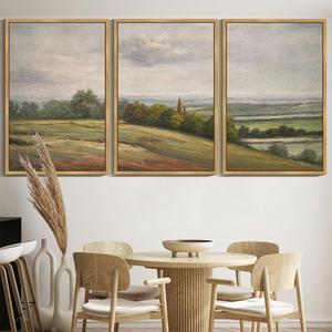 SHENIFY Extra Large Vintage Framed Wall Art White Clouds Over Vast Grassland Landscape Painting Retro Meadow Scenery Farmhouse Bedroom Above of Bed Living Room Deco - 24x36in3pcs Natural Framedr