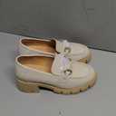 Coutgo Womens Chunky Platform Lug Sole Loafers Mid Heel Square Toe Dress Walking Work Shoes with Buckle Chain (6, Beige)