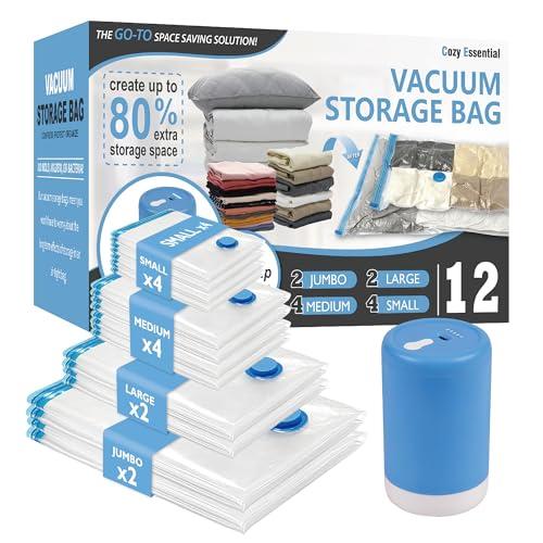 Cozy Essential 12 Pack Travel Vacuum Storage Bags with Rechargeable Wireless Electric Pump for Luggage, Suitcase, Carry-on Size Vacuum Seal Compression Space Saver Bags for Clothes and Clothing Travel