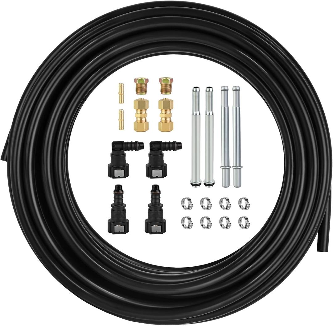 MuHize 3/8" Fuel Line Kit (25 Ft) - Upgraded 3/8 Nylon Tubing + Steel Fittings | Automotive Universal Fit for Gas/Vacuum/Water/Air - Cut to Size Hose