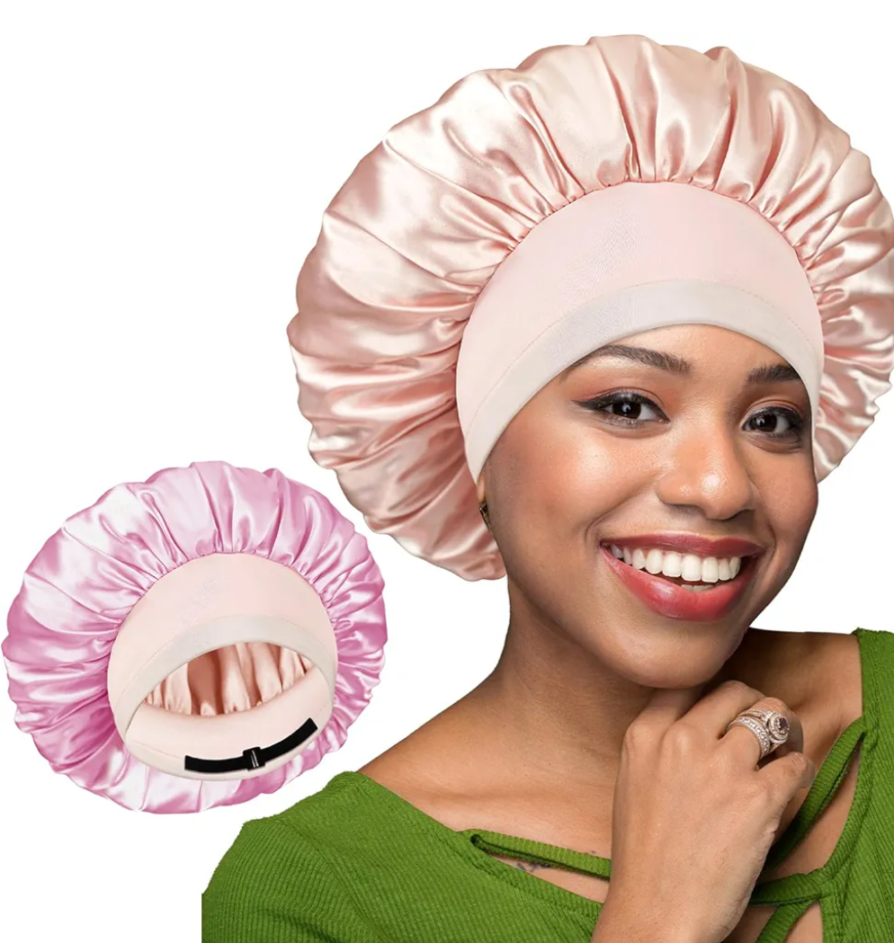 Pack Of 2 BONNET QUEEN Silk Bonnet for Sleeping Women Satin Bonnet Hair Bonnet Adjustable Reversible Double Layered Sleep Night Cap for Curly Hair Jade and Pink