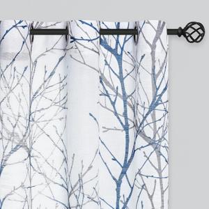 FMFUNCTEX Linen Semi Sheer Curtains for Bedroom, Blue White Curtains 96 Inches Long for Living Room, Grey Tree Branch Patterned Curtain Light Filtering Farmhouse Window Drapes, Grommet Top 2 Panels