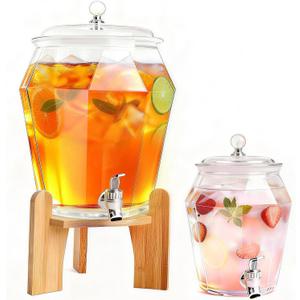 2 PCS Drink Dispenser Set, 2.5 Gallon Total Capacity (7L & 2.6L) - Shatterproof Plastic Beverage Containers with Wood Stand, Leak-Proof Spigot for Juice, Tea, Lemonade & Mimosa Bar Hosting