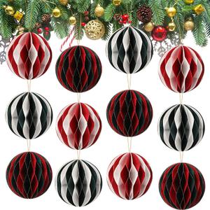 12 Pcs Christmas Paper Honeycomb Ornaments for Tree, 3D Glitter Edge Honeycomb Hanging Decorations Foldable Christmas Ornaments Lanterns for Xmas Tree Holiday New Year Party Decor (Chic)