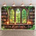 7x5ft Fabric Vintage Wooden Bookshelf Backdrop Retro Library Window Green Forest Candle Photography Background Indoor School Decorations Photo Booth Props