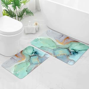 Gibelle Bath Mat Rug Set 2 Piece, Super Absorbent Quick Dry Bathroom Rug Set, Non Slip Rubber Backed Bathroom Floor Mat for Tub Shower Sink (17"x24"+20"x32", Green Marble)