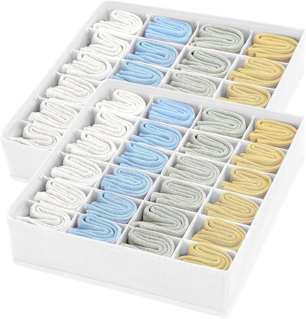 Joyoldelf Sock Organizer Drawer Organizer - 2 Packs Underwear Organizer, 48 Cells Collapsible Closet Organizers and Storage Sock Holders Organizers for Storing Socks, Ties, Belts(White)
