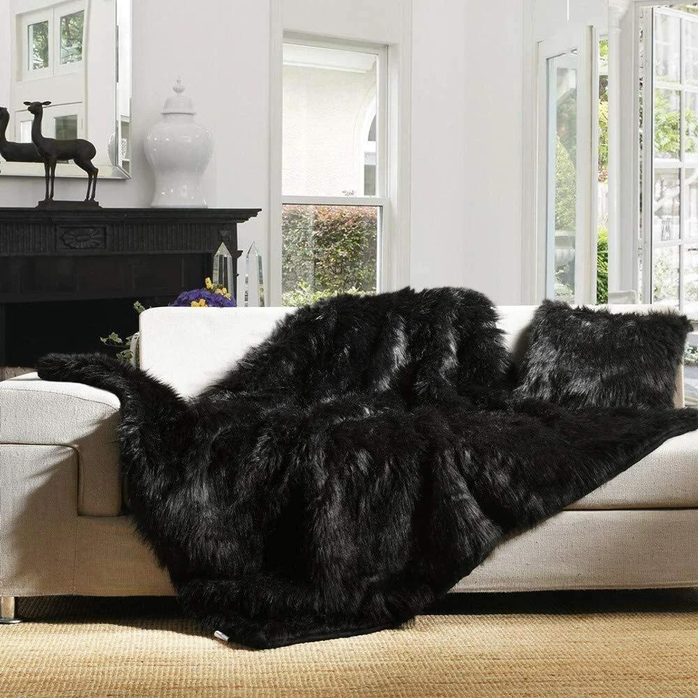 84 X 90 HUGE Luxury Plush Faux Fur Throw Blanket, Long Pile Gorgeous Black