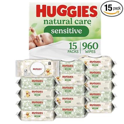 Huggies Natural Care Sensitive Baby Wipes, Unscented, 15 Packs, 960 Wipes
Fragrance Free, Gentle Clean, Hypoallergenic, Dermatologist Tested, No Harsh Irritants, 1-Handed Dispensing