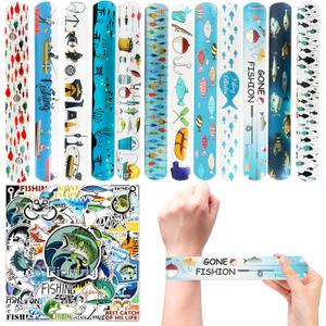 CZWXOXO 74 Pcs Fishing Theme Party Favors 24 Pcs Fishing Theme Slap Bracelets 50 Pcs Fishing Theme Stickers Fishing Theme Birthday Party Decorations Classroom Rewards Supplies