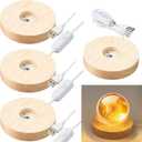 4 Pack Wooden LED Light Display Base with Switch, 3.9 Round Warm Light Stand for Crystal Glass Ball Figurine, USB Powered Lighted Holder for Resin Crafts, Art Decoration