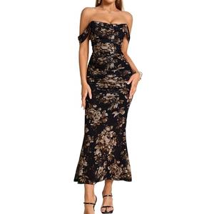 KUTUMAI Off The Shoulder Maxi Long Dress Corset Ruched Bodycon Formal Wedding Guest Dresses for Women BlackFloral M