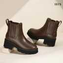 IDIFU IN2 Women's Chelsea Boots Platform Low Block Chunky Heeled Ankle Boots Round Toe Lug Sole Slip On Dress Boots Fall Work Dressy Comfortable Fashion Casual Short Booties Shoes (7.5, Brown Pu)