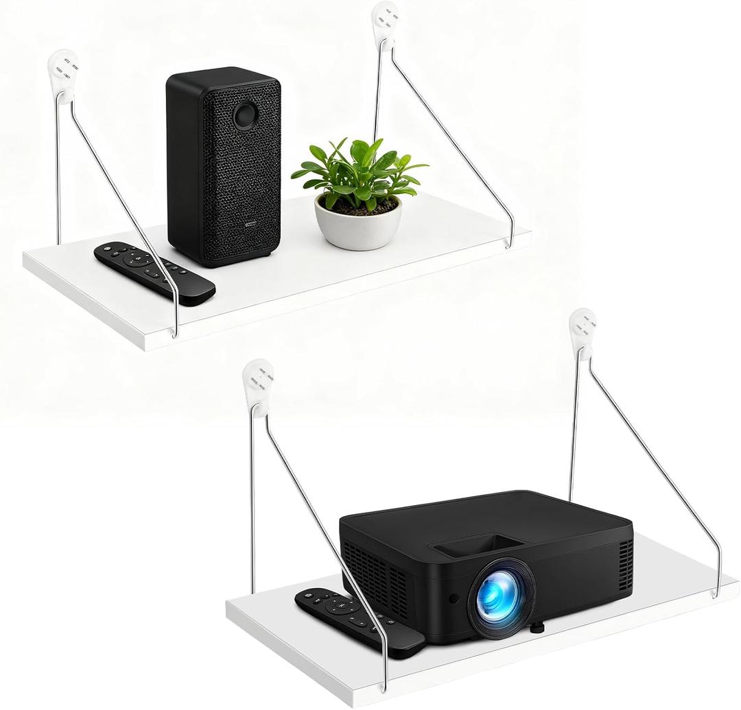 2 Pcs Projector Shelf for Wall 12 x 6 Inch Modem Router Shelf with Seamless Nail Router Wall Mount Modem Cable Box Under TV Floating Holder Stand Accessories, White