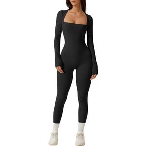 QINSEN Womens Sexy Square Neck Long Sleeve Full Length Leggings Bodycon Stretch Jumpsuit (Large, Black)