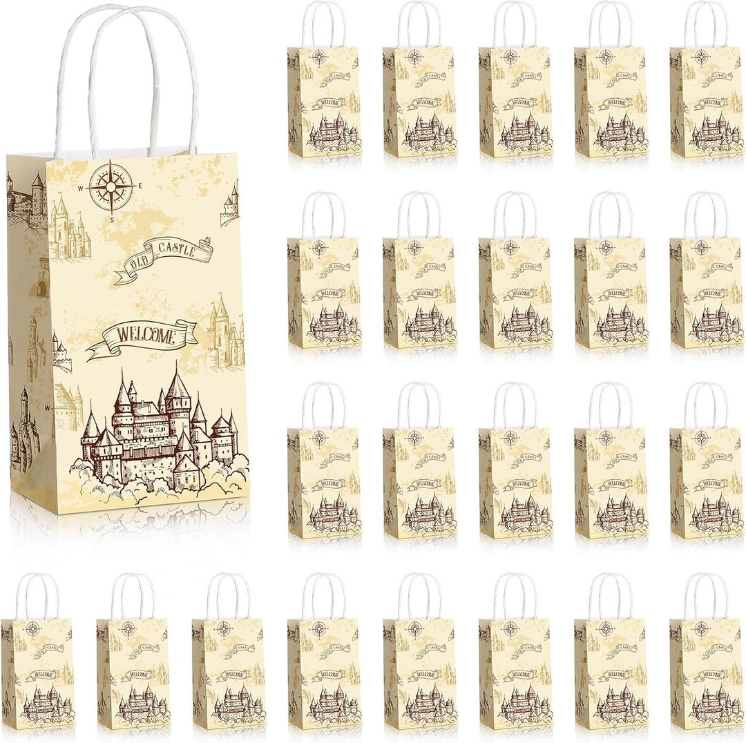Treela 24 Pcs Magical Wizard Gift Paper Bags Pumpkin Party Favor Bags Vintage Castle Decor Goodie Bags for Kids Boy Girl Birthday Party Halloween Party Supplies(Wizard)