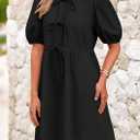 PRETTYGARDEN Womens 2025 Summer Casual Short Sleeve Dresses A Line Bow Tie Front Babydoll Loose Cute Mini Dress with Pockets (Black,Medium)