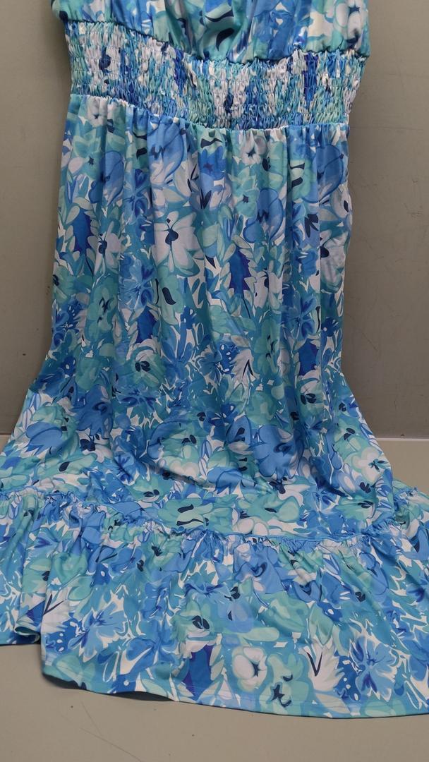 Women's 2024 Summer Floral Boho Dress Square Neck Strapped Swing A Line Beach Long Maxi Dress with Pockets Blue Floral L