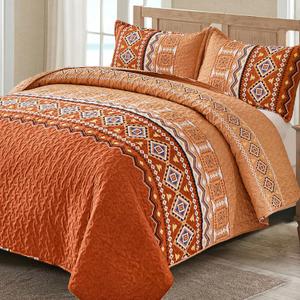WONGS BEDDING Burnt Orange Boho Quilt Set Full, 3 PCS Quilt Bedspread Lightweight Pumpkin Geometry Printed Coverlet Set with 2 Pillowcase, Soft Bohemian Bedding Set for All Season 78"90"