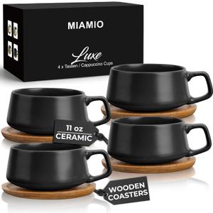 MIAMIO 11 Oz., Set of 4 Ceramic Tea Cup and Saucer Bamboo/Tea Mug - Wide Cappuccino Cup, Coffee Cups Ceramic Mug for Cappuccino, Latte, Espresso & Americano - Luxe Collection (Black)