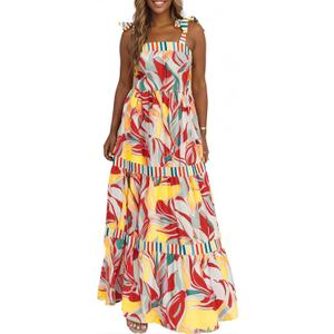 AlvaQ Women's 2025 Summer Sleeveless Floral Print Maxi Dress Strap Square Neck Beach Sun Dress (L)