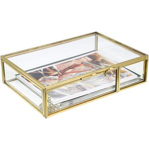 Hipiwe Gold Glass Photo Box,Vintage Photo Storage Organizer, Trinket Box Jewelry Display Organizer Keepsake Box Case Home Decor (Small)