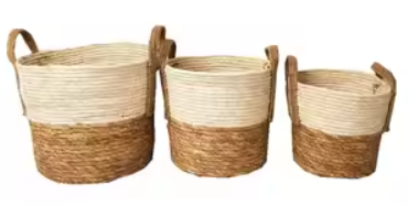 Storage Basket (Small, Round, Natural Rope, Seagrass) - Handcrafted Decorative Planter for Indoor Use - Versatile Wicker Bin for Blankets, Clothes, Home Supplies, Great Gift 3pack