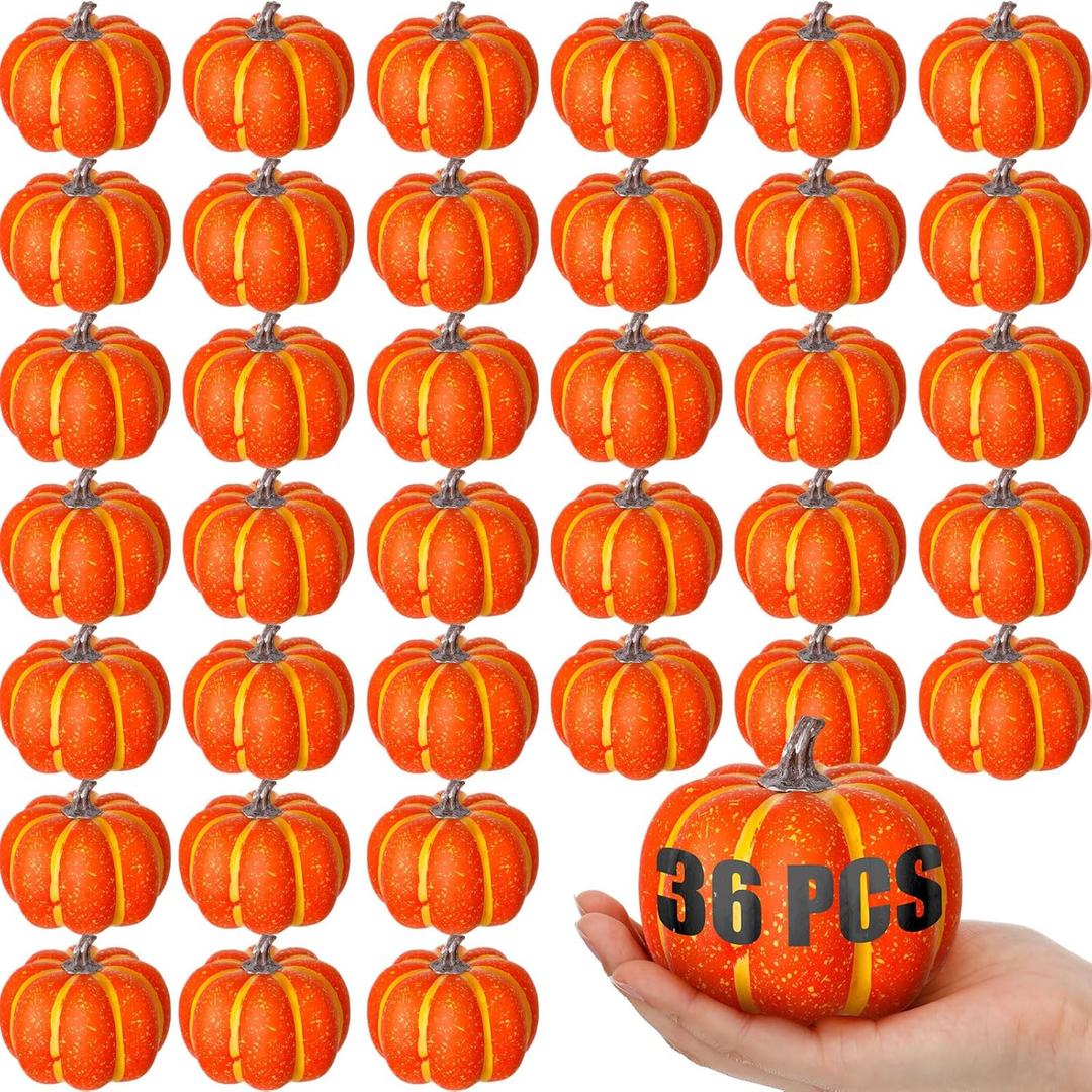 Liliful 36 Pack 4 Inch Fall Harvest Artificial Pumpkins Crafts Rustic Decorative Pumpkin Foam Pumpkins Decoration for Halloween Thanksgiving Wedding Dining Table Centerpiece Decorating (Orange)