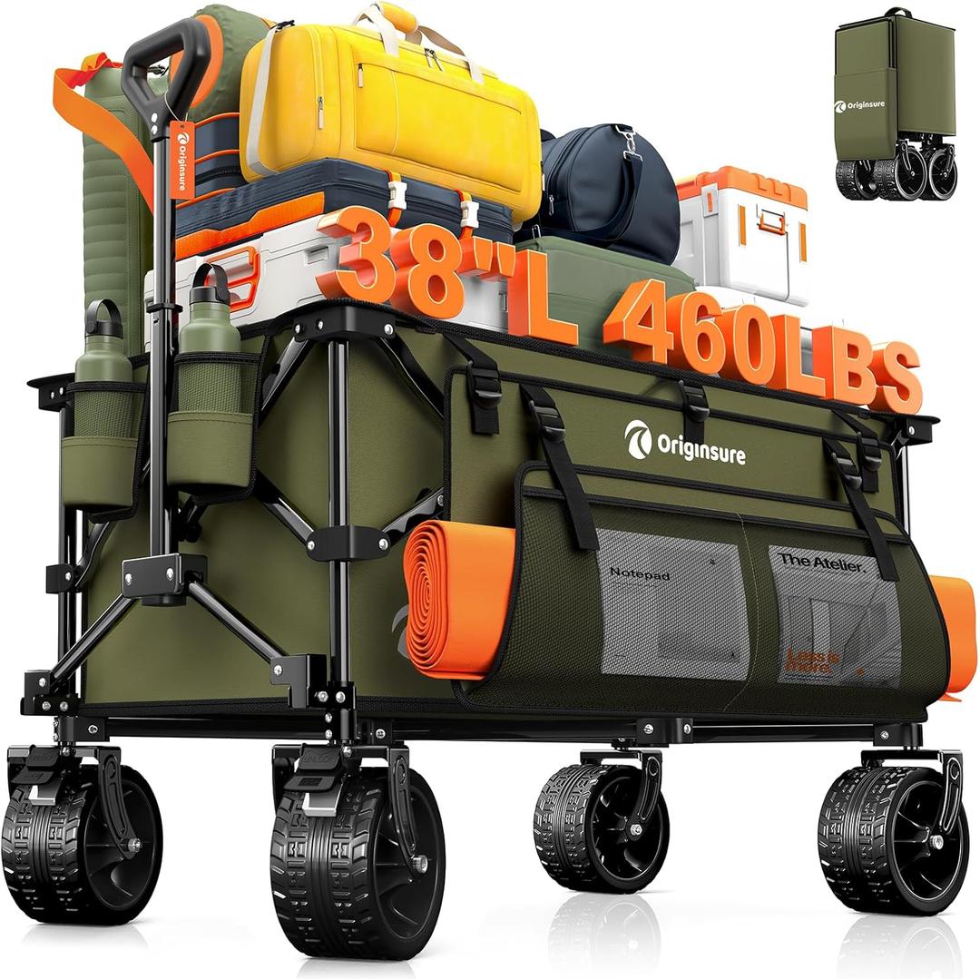 220L Collapsible Wagon Cart Foldable, 460lbs Load Capacity Heavy Duty Folding Beach Wagons with Big All-Terrain Wheels, Utility Carts for Groceries, Shopping, Camping, Sports - Green