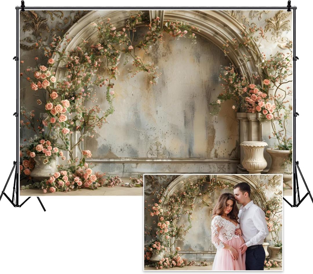 10x8ft Spring Flowers Wedding Backdrop Vintage European Palace Wall Pink Rose Floral Photography Banner for Womens Day Birthday Mothers Day Bridal Shower Valentines Day Girl Women Portrait