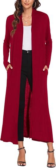 Bluetime Women Maxi Floor Length Lightweight Cardigan Coat Open Long Sleeve Duster (XXXL, Red)